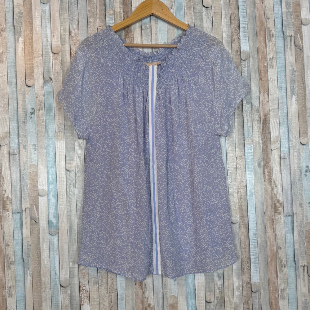 Rungolee S Silk Smocked Neck Floral Blouse Blue White Stripe Trim Short Sleeve‎